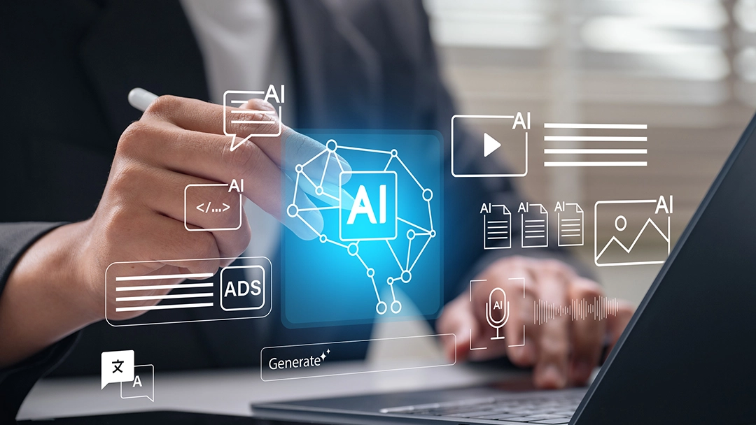 A person holding a pen interacts with various AI-related icons and graphics, suggesting digital innovation and automation.